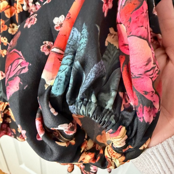 Torn Boston Proper Floral Wrap Mini Dress in Black with Pink & Orange Blooms XS - Picture 6 of 14